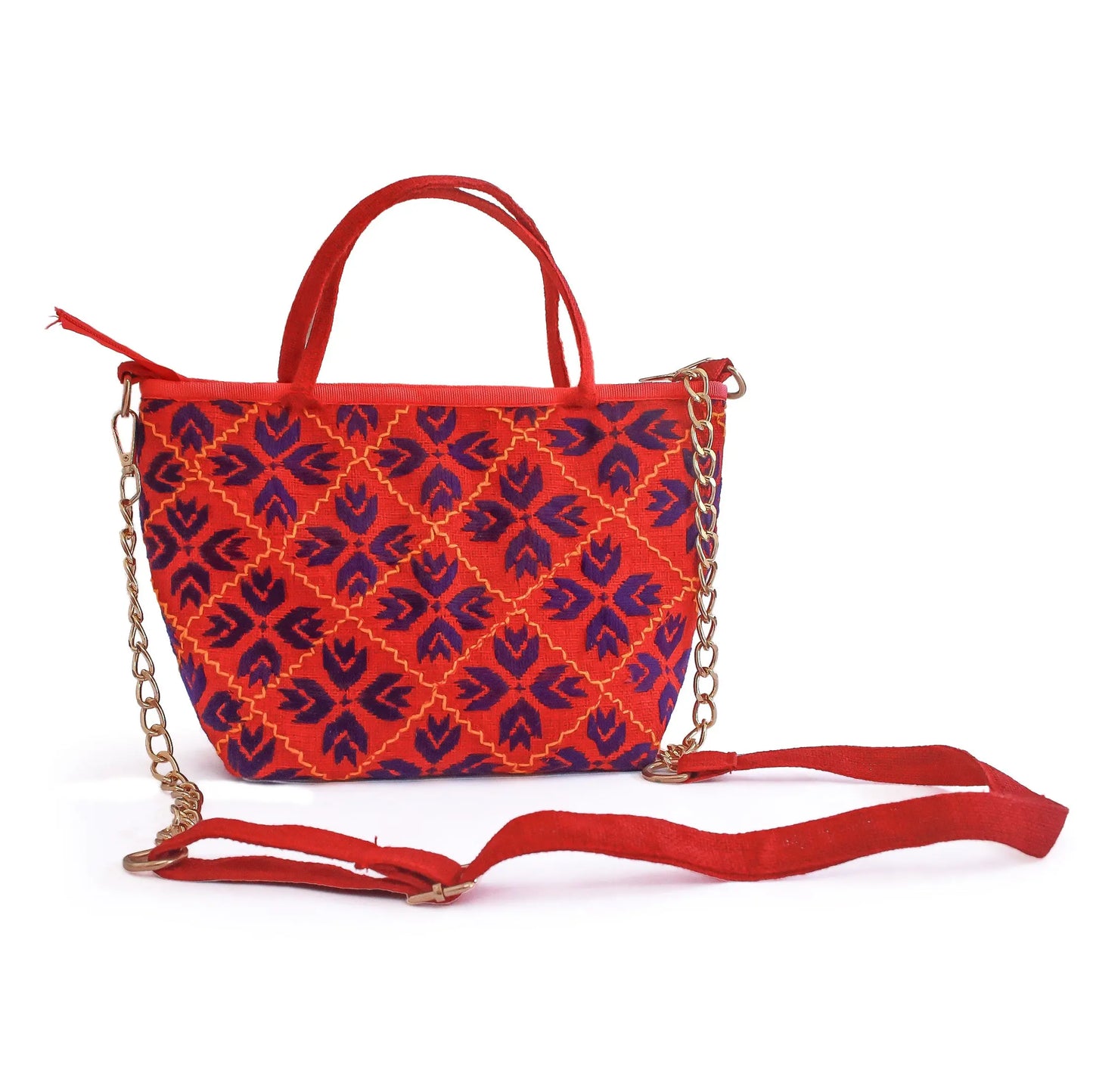 Red handmade bag With Chain Strap Boho Crossbody Purse Traditional Pattern Small Shoulder Bag Gift For Women Daily Use Noor Artisan
