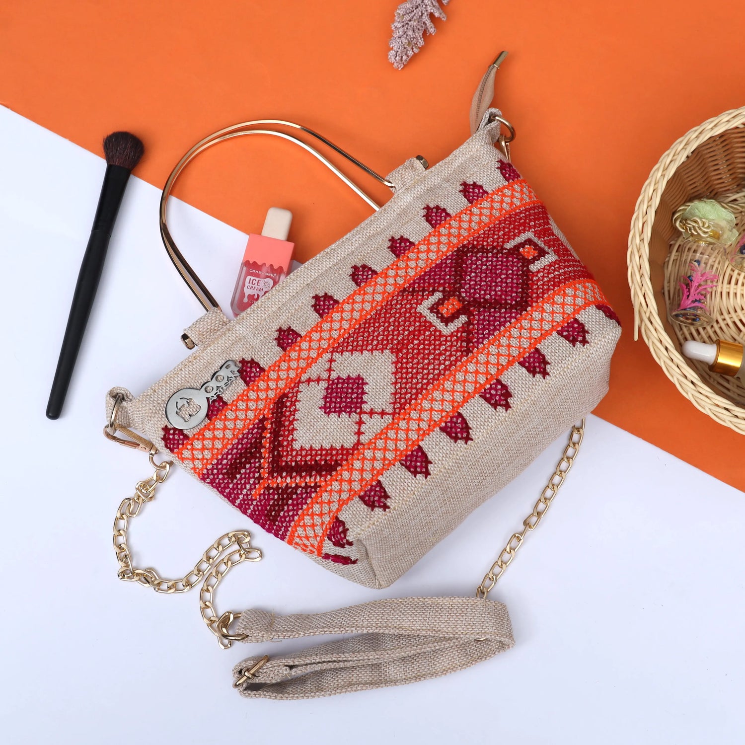 Handmade Boho Embroidered Tote Bag – Colorful Crossbody Purse with Chain Strap Noor Artisan